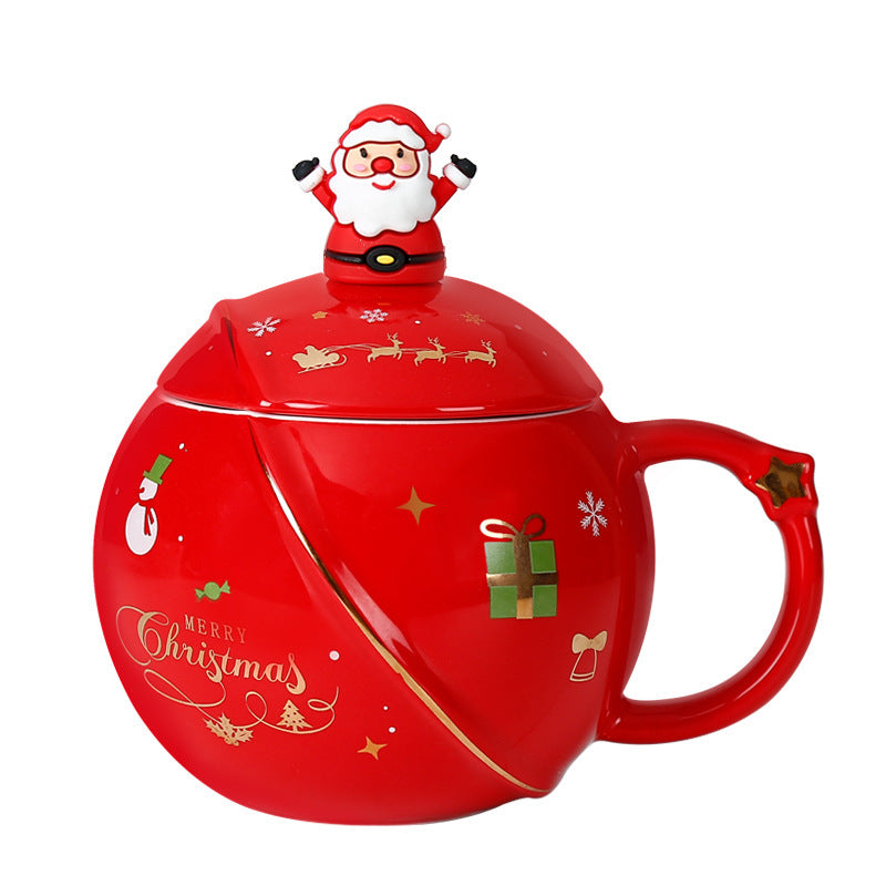 Christmas Round Mug Ceramic With Lid Spoon