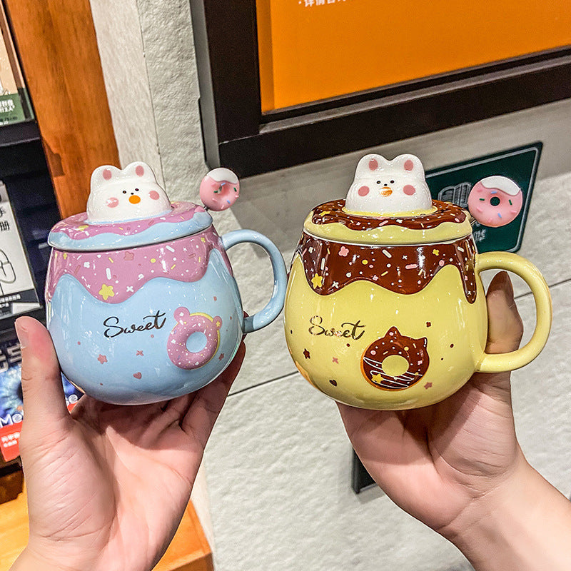 Cartoon Cute Cat  Donut Mug With Lid Spoon
