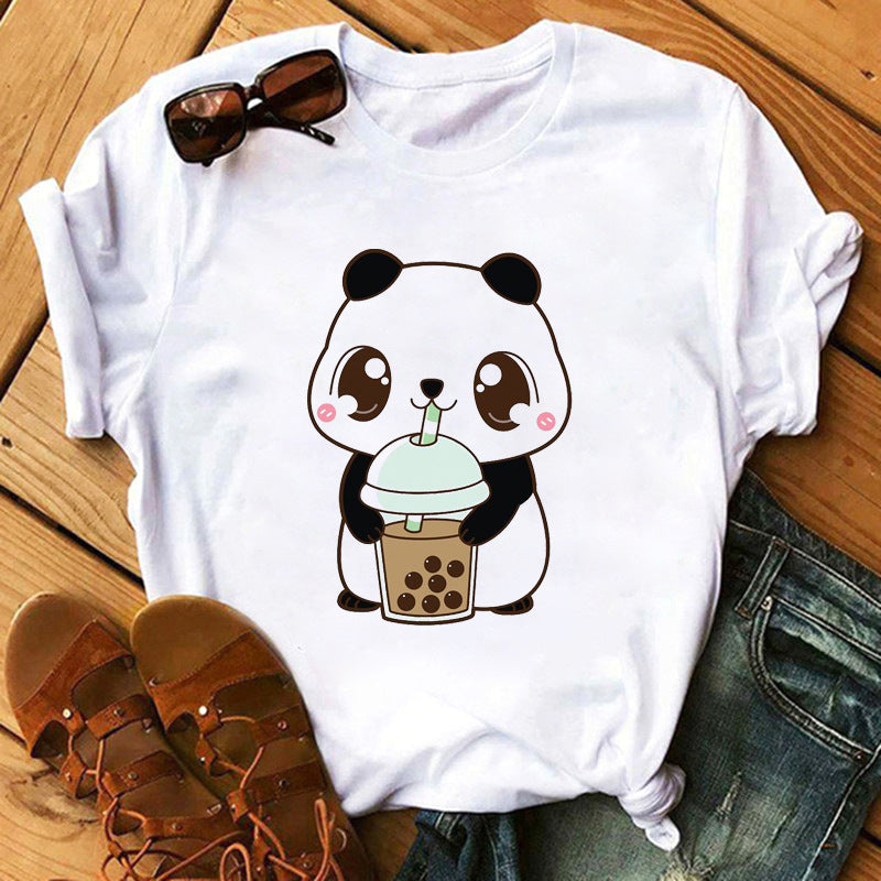 New Cute Milk Tea Print Short Sleeve Women