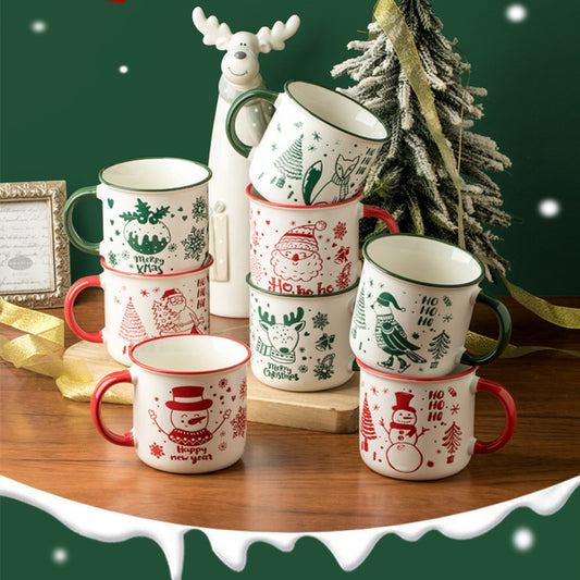 Stacked Christmas-themed mugs on a wooden surface with a decorative background.