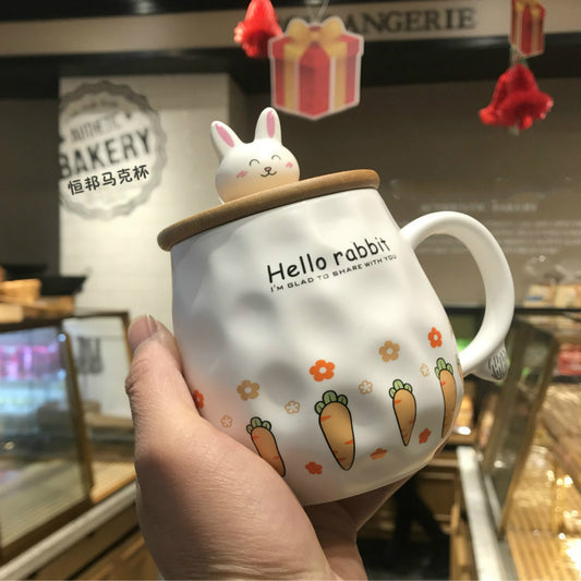 Cute Rogue Rabbit Ceramic Mug with Lid Spoon
