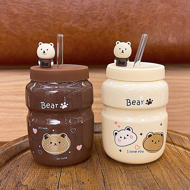 Cartoon Bear Ceramic Straw Cup Mug