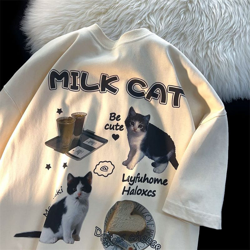 Cartoon Cat Milk Breakfast T-shirt For Men And Women