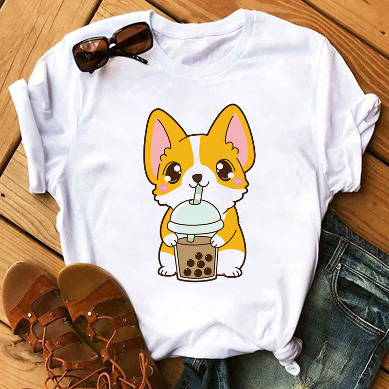 New Cute Milk Tea Print Short Sleeve Women