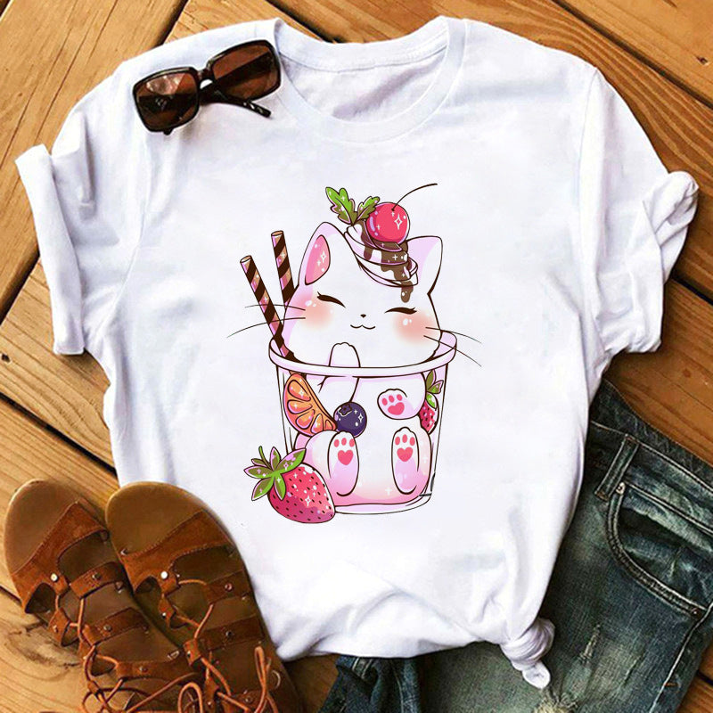 New Cute Milk Tea Print Short Sleeve Women