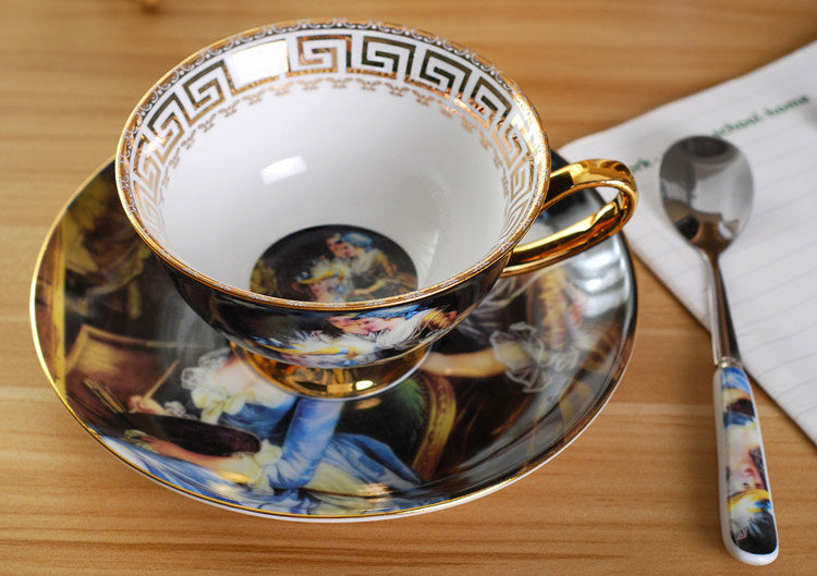 Creative Bone China Coffee Cup And Plate, Retro Art