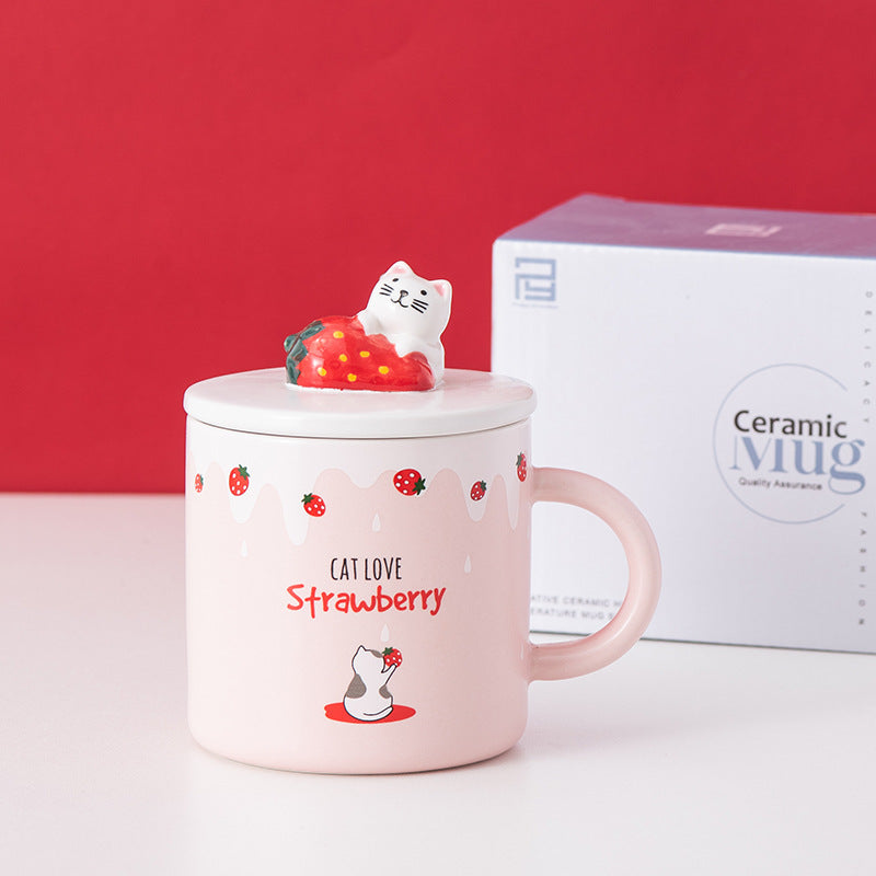Creative Cartoon Ceramic Cup With Lid Cute Strawberry