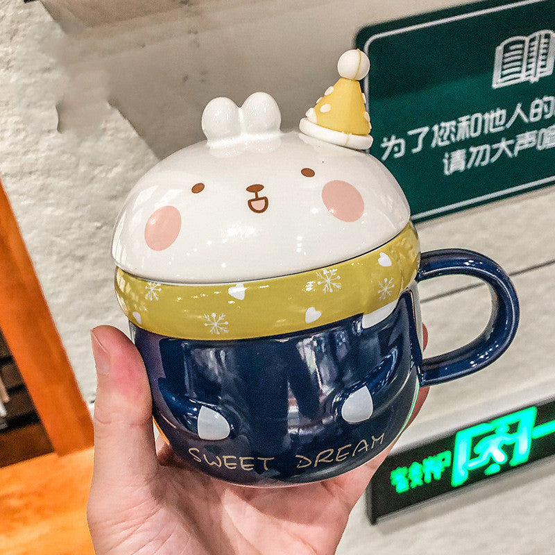 Gift Box Cute Cartoon Rabbit Ceramic Mug With Lid Spoon