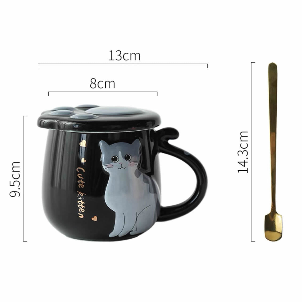 Ceramic Cat  Mug With Lid And Spoon