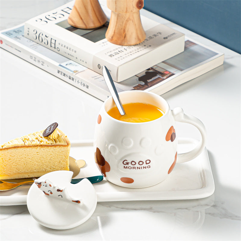 Ceramic Cat Mug With Lid Spoon Office Cute Coffee Mug
