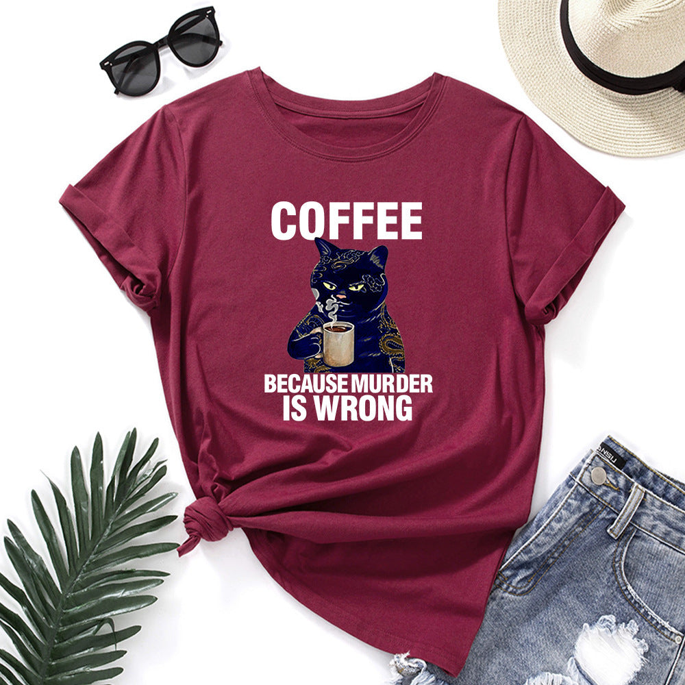 Black And White Print Loose Round Neck Short-sleeved T-shirt