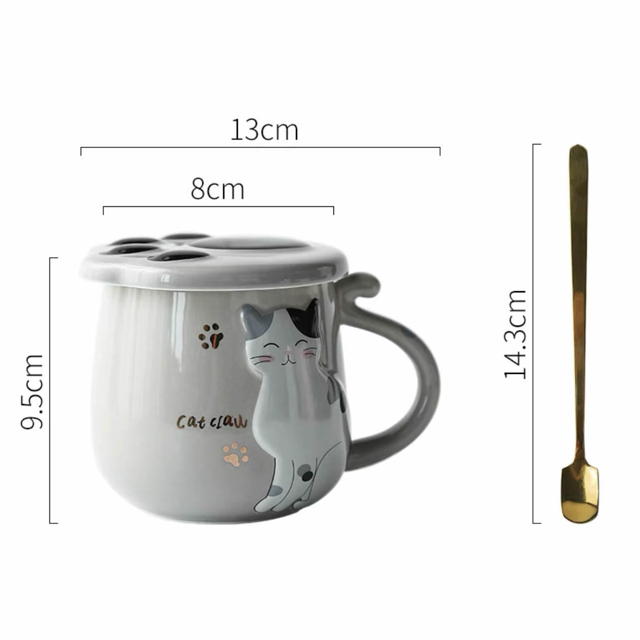 Ceramic Cat  Mug With Lid And Spoon