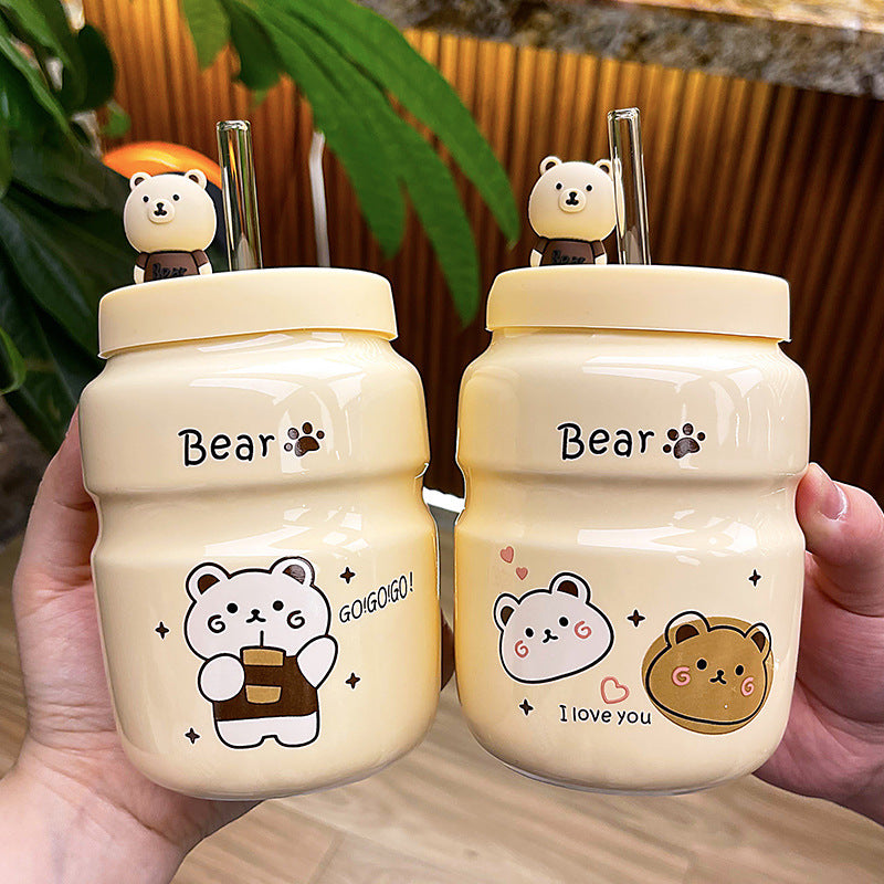 Cartoon Bear Ceramic Straw Cup Mug